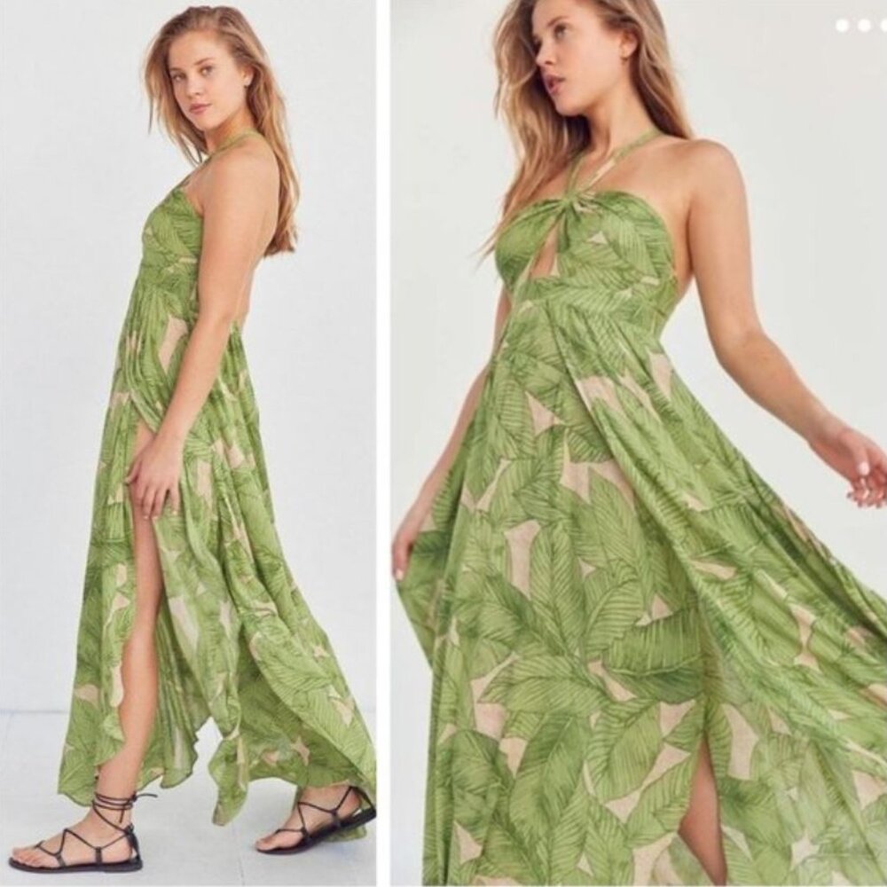 Kimchi Blue Green Leaf Print Halter Maxi Dress